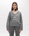 Jacquard sweater with rose intarsia