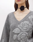 Jacquard sweater with rose intarsia