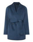 MiLA Βoutique Vetro navy blue virgin wool wrap coat with a belted waist, shawl collar, and double-breasted design.