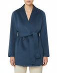 MiLA Βoutique Vetro blue virgin wool wrap coat with a shawl neckline, belted waist, and dropped shoulders.