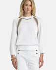 MiLA Boutique white cotton raglan sweater with intricate gold fan-stitch embellishments on the neckline and sleeves.