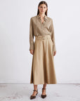 MiLA Boutique beige water-repellent stretch cotton satin circle skirt with belt and pockets