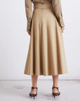 MiLA Boutique beige water-repellent stretch cotton satin circle skirt with belt and pockets.
