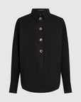 MiLA Boutique black long-sleeve shirt with pointed collar and gold KARL lettered snap buttons.