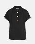 MiLA Boutique black linen polo shirt with gold buttons, cap sleeves, and turn-up cuffs.