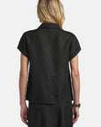MiLA Boutique black linen shirt with polo collar, cap sleeves, and gold-tone buttons. Regular fit.