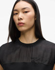 MiLA Boutique black organza tank top with signature embroidery and crew neckline on a model.