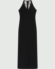 MiLA Boutique black long envers satin dress with halterneck, plunging neckline, and georgette details.