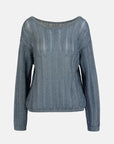 MiLA Boutique blue metallic viscose knit openwork sweater with notch neckline and dropped shoulders.