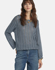 MiLA Boutique blue metallic openwork viscose knit sweater with notch neckline and dropped shoulders.