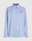 MiLA Boutique blue and white striped cotton shirt with raglan sleeves and Karl Lagerfeld patch on chest.
