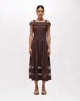 MiLA Boutique brown off-the-shoulder midi dress with lace trim and pleated skirt.