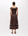 MiLA Boutique brown off-the-shoulder midi dress with lace trim and pleated skirt.