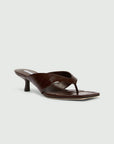 MiLA Boutique dark brown reptile-print square-toe flip flops with a 4cm lacquered heel and leather lining.