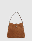 MiLA Boutique brown suede hobo bag with all-over Karl autograph embossment and padlock accent.