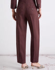 MiLA Boutique burgundy linen canvas chino trousers with a relaxed fit, hook and zip fastening, and sharp creases.