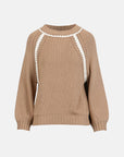 MiLA Boutique camel brown cotton raglan sweater with white fan-stitch embellishments on sleeves and neckline.