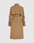 MiLA Boutique camel trench coat with cape detail, pleated skirt, belted waist, and buckle cuffs.