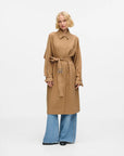MiLA Boutique camel trench coat with cape detail, spread collar, belted waist, and pleated skirt.