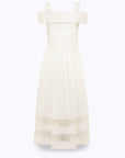 Blugirl Blumarine cream off-the-shoulder midi dress with lace trim inserts and square neckline.