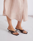 MiLA Boutique dark brown reptile-print square-toe flip flops with a 4cm lacquered heel and leather lining.