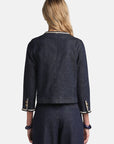 MiLA Boutique dark wash denim jacket with contrast rope trim and goldtone buttons, cropped silhouette.