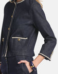 MiLA Boutique dark wash denim jacket with contrast rope trim, goldtone buttons, and patch pockets. Cropped silhouette.