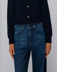 MiLA Boutique dark wash denim high-waisted wide-leg jeans with silver hardware and subtle side accents.