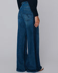 MiLA Boutique high-waisted blue denim wide-leg jeans with darker side accents and rear pocket topstitching.