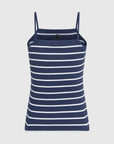 MiLA Boutique navy and white striped ribbed tank top with square neckline and slim straps.