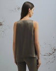 MiLA Boutique olive green crinkle twill sleeveless top with rounded neckline and side slits, worn by a model.
