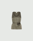 MiLA Boutique olive green crinkle twill sleeveless top with rounded neckline and fabric flower accent on the waist.