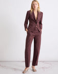 MiLA Boutique plum linen canvas chino trousers with a relaxed fit, hook and zip fastening, and sharp creases.