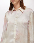 MiLA Boutique cream satin shirt with pink rose print, long sleeves, and covered buttons. Straight silhouette for elegant drape.