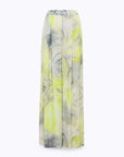 Blugirl Blumarine wide-leg satin trousers with a grey and neon yellow rose print. Elasticated waistband and side pockets.