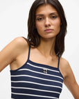 MiLA Boutique navy and white striped ribbed tank top with square neckline and embroidered Karl artwork.