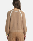 MiLA Boutique tan cotton raglan sweater with white fan-stitch embellishments on sleeves and neckline.
