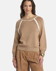 MiLA Boutique tan cotton raglan sweater with white fan-stitch embellishments on sleeves and neckline, ribbed trims.