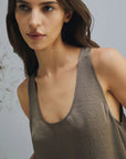 MiLA Boutique taupe crinkle twill relaxed fit tank top with rounded neckline and side slits.