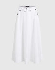 MiLA Boutique white A-line maxi skirt with black button details on the waistband and side pockets.