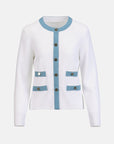 MiLA Boutique white textured knit cardigan with blue trim, round neckline, button front, and faux pockets.