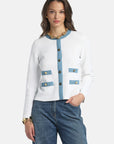 MiLA Boutique white textured knit cardigan with blue trim, button front, round neckline, and faux pockets.