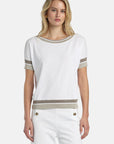 MiLA Boutique white viscose-blend knit sweater with boat neck, short sleeves, and metallic yarn trim on neckline, cuffs, and hem.
