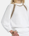 MiLA Boutique white cotton raglan sweater with decorative tan stitching on sleeves and neckline.