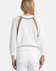 MiLA Boutique white cotton raglan sweater with decorative tan trim on neckline and sleeves, flat-ribbed cuffs and hem.