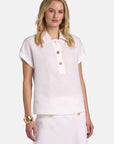 MiLA Boutique white linen shirt with polo collar, gold buttons, cap sleeves, and turn-up cuffs. Regular fit.