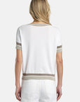MiLA Boutique white viscose-blend knit sweater with boat neck, short sleeves, and shimmering metallic yarn accents on neckline, cuffs, and hem.
