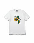 Moschino Jeans white cotton t-shirt with a vibrant sunflower, peace sign, and heart graphic print.
