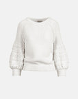 MiLA Boutique white cotton sweater with puff raglan sleeves featuring crochet-effect texturing and ribbed trims.