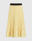 MiLA Boutique pale yellow satin pleated midi skirt with black elasticated waistband featuring embroidered logo and satin hem detail.